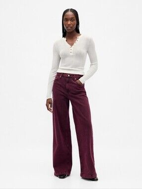 Gap High Rise Stride Wide-Leg Jeans Red Maroon Burgundy